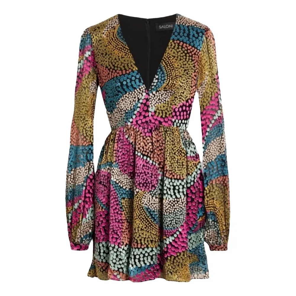 Saloni Camille Velvet Burnout Silk Wavy Dot Multicolor Mini Dress Size 2